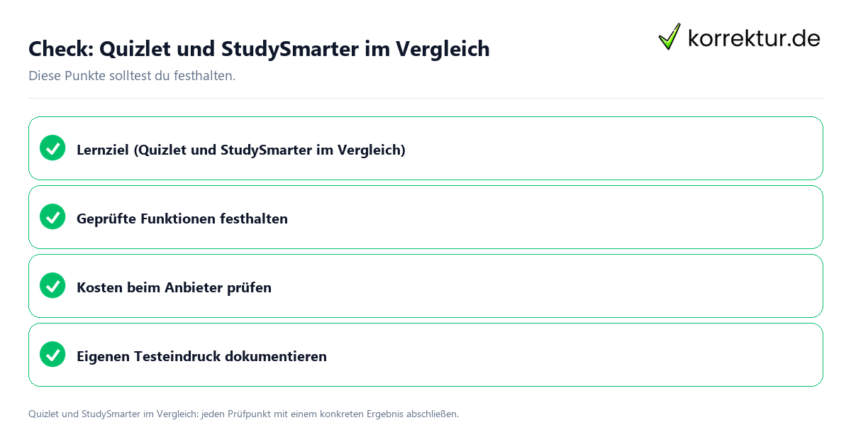 Quizlet und StudySmarter im Vergleich mit einer themenspezifischen Checkliste