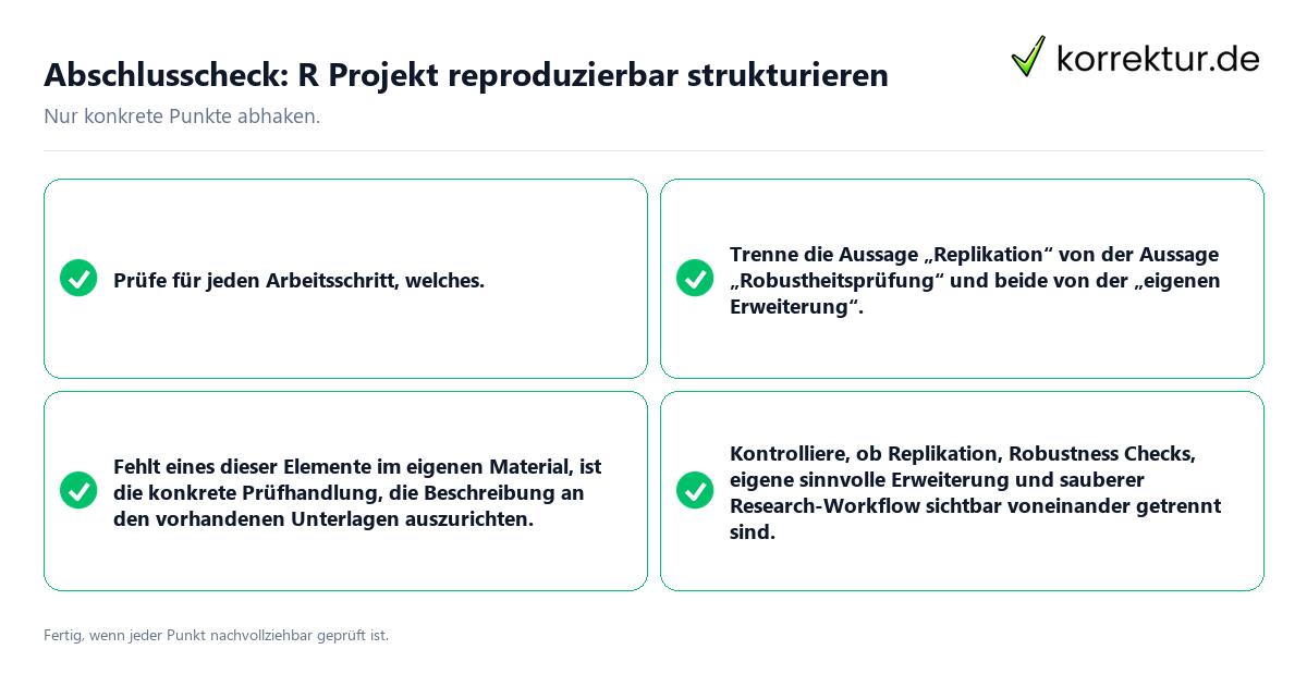 Konkreter Abschlusscheck zu R Projekt reproduzierbar strukturieren