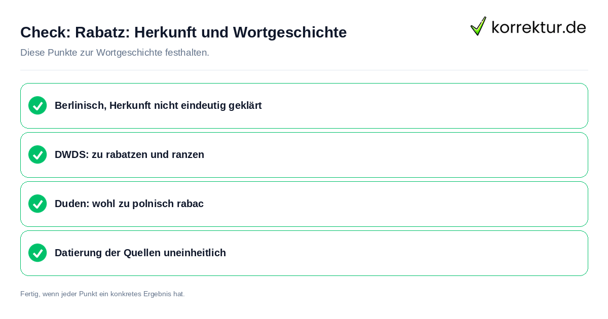 Rabatz: Herkunft und Wortgeschichte: Prüfliste mit vier Punkten