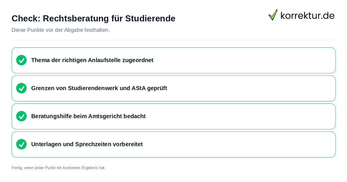 Rechtsberatung für Studierende: Prüfliste mit vier Punkten