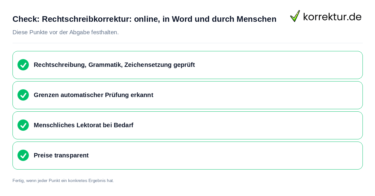 Check: Rechtschreibkorrektur: online, in Word und durch Menschen Rechtschreibkorrektur: online, in Word und durch Menschen: Prüfliste mit vier Punkten