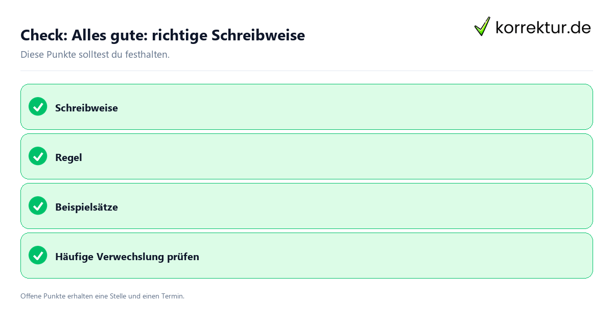 Alles gute: richtige Schreibweise mit Checkliste für Unterlagen und nächste Schritte