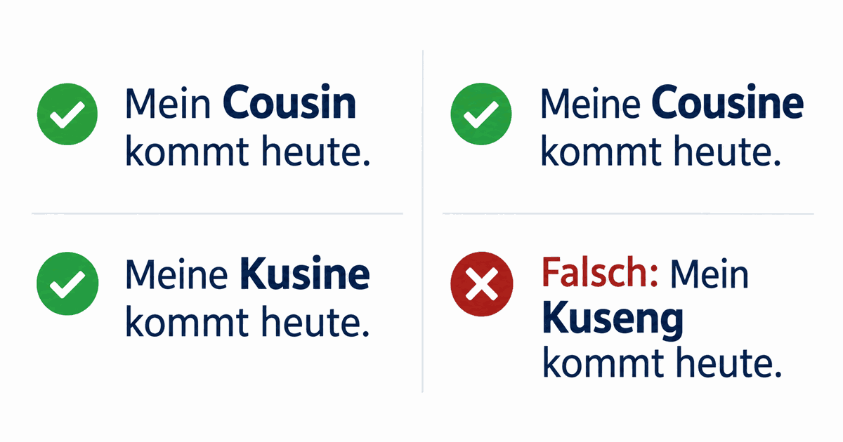 Cousin, Cousine und Kusine richtig verwenden Cousin, Cousine und Kusine in vollständigen Beispielsätzen, Kuseng als falsche Form