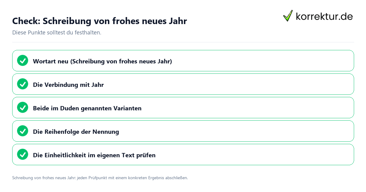 Check: Schreibung von frohes neues Jahr Schreibung von frohes neues Jahr mit einer themenspezifischen Checkliste