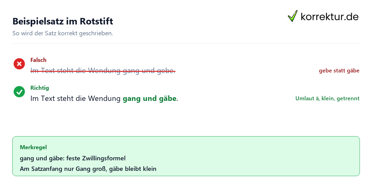 Beispielsatz im Rotstift Gang und gäbe oder gang und gebe: Beispielsatz korrigiert