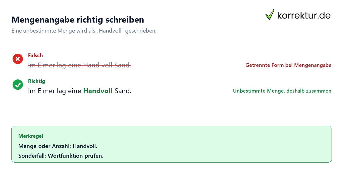 Mengenangabe richtig schreiben Handvoll oder Hand voll: Was ist richtig? Satzkorrektur
