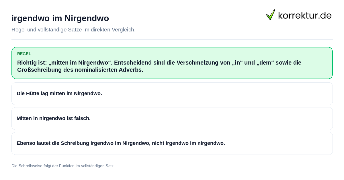 Konkrete Regel und vollständige Beispielsätze zu irgendwo im Nirgendwo