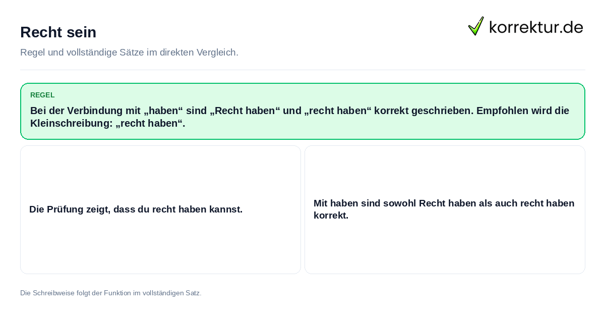 Konkrete Regel und vollständige Beispielsätze zu Recht sein