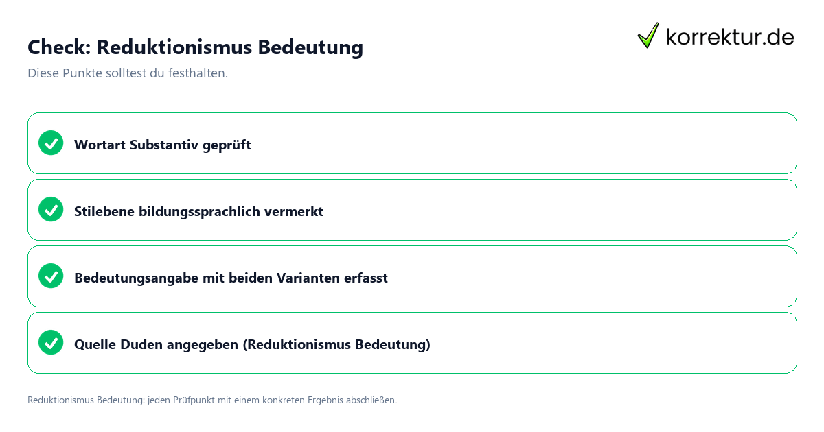 Reduktionismus Bedeutung mit einer themenspezifischen Checkliste