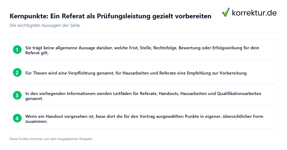 Konkrete Kernpunkte zu Ein Referat als Prüfungsleistung gezielt vorbereiten
