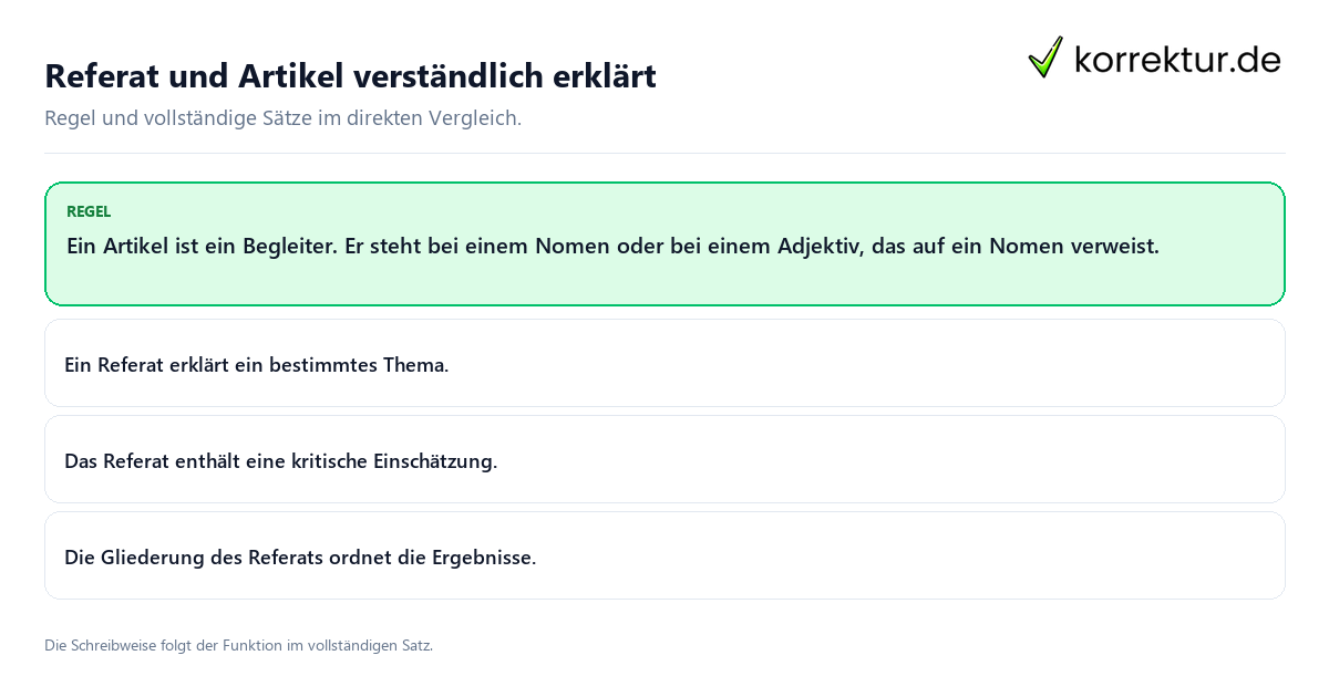 Konkrete Regel und vollständige Beispielsätze zu Referat und Artikel verständlich erklärt