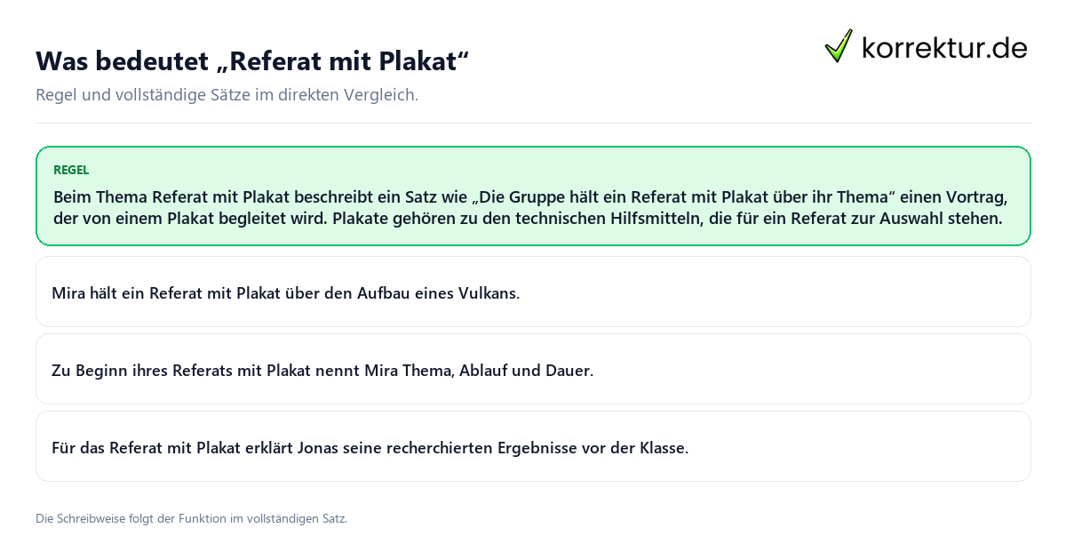 Konkrete Regel und vollständige Beispielsätze zu Was bedeutet „Referat mit Plakat“