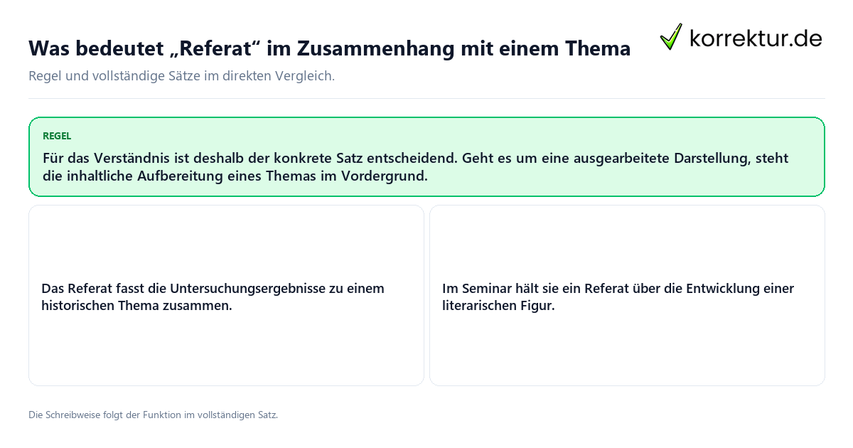 Konkrete Regel und vollständige Beispielsätze zu Was bedeutet „Referat“ im Zusammenhang mit einem Thema