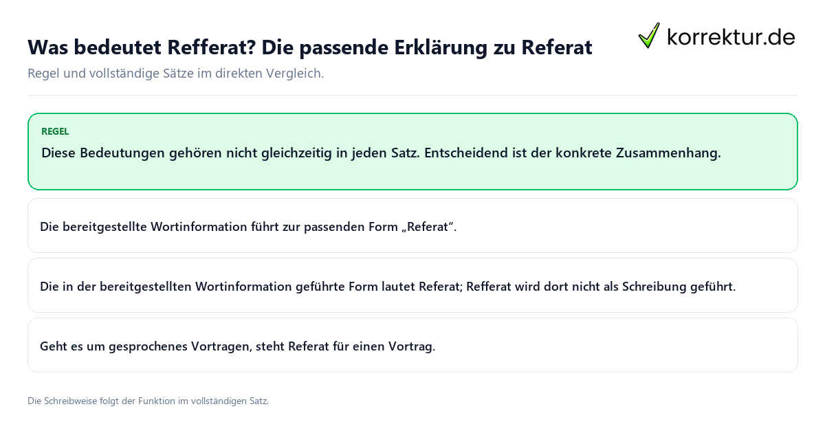 Konkrete Regel und vollständige Beispielsätze zu Was bedeutet Refferat? Die passende Erklärung zu Referat