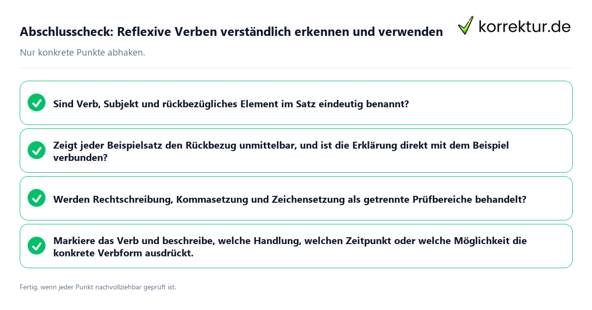 Konkreter Abschlusscheck zu Reflexive Verben verständlich erkennen und verwenden