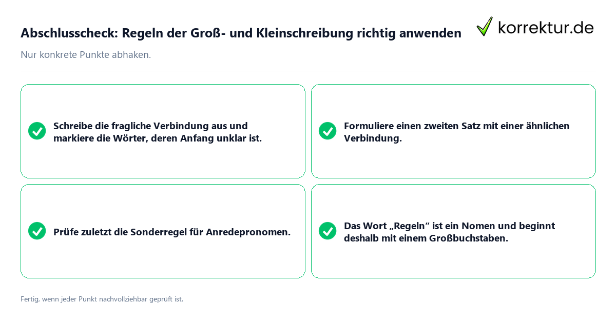 Konkreter Abschlusscheck zu Regeln der Groß- und Kleinschreibung richtig anwenden