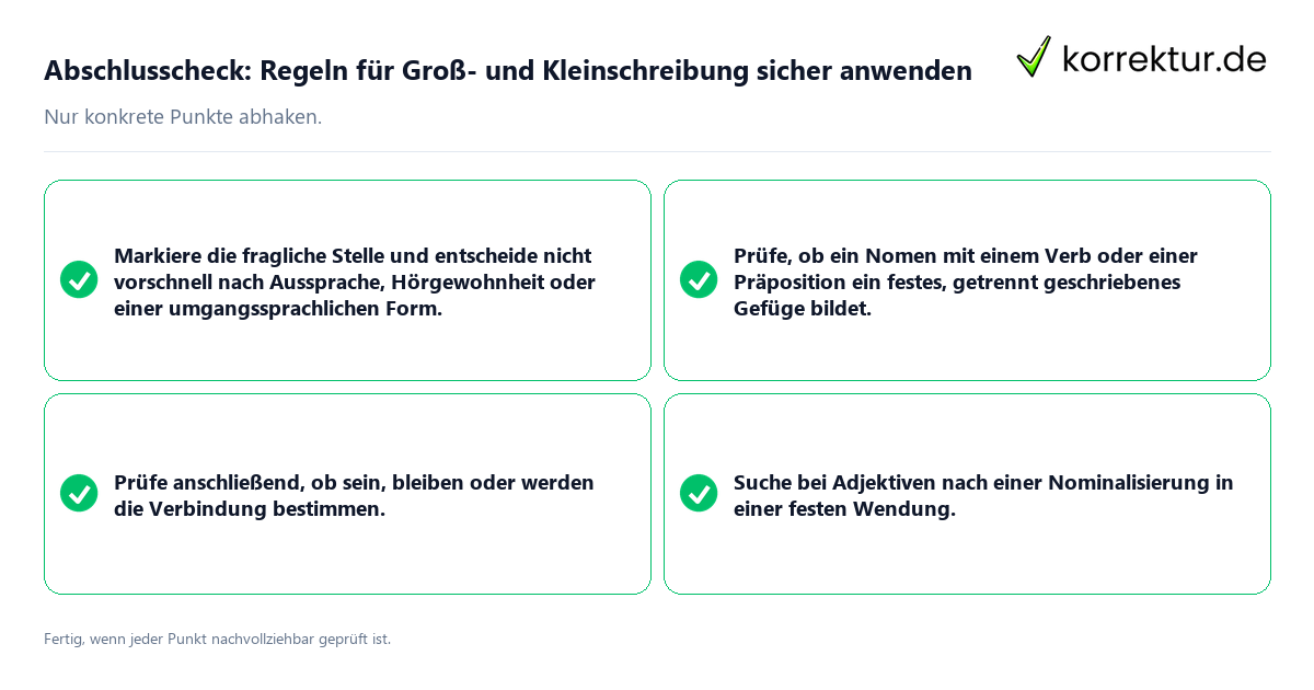 Konkreter Abschlusscheck zu Regeln für Groß- und Kleinschreibung sicher anwenden