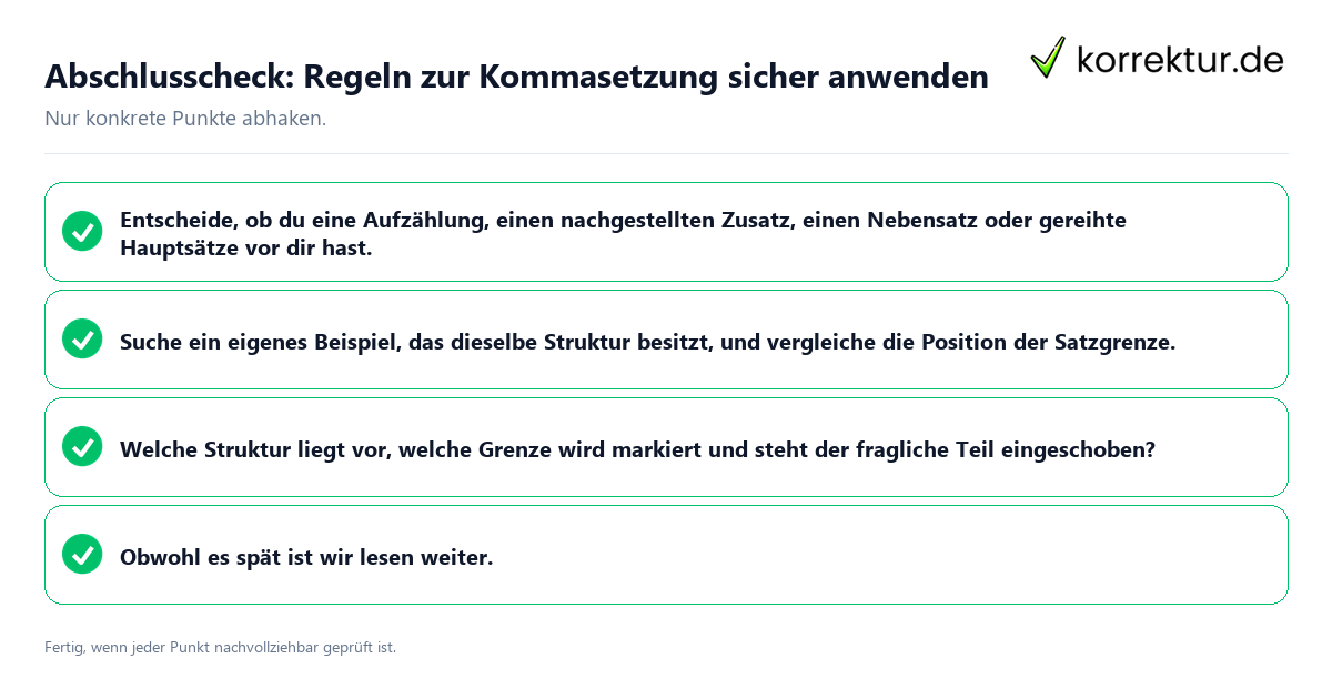 Konkreter Abschlusscheck zu Regeln zur Kommasetzung sicher anwenden