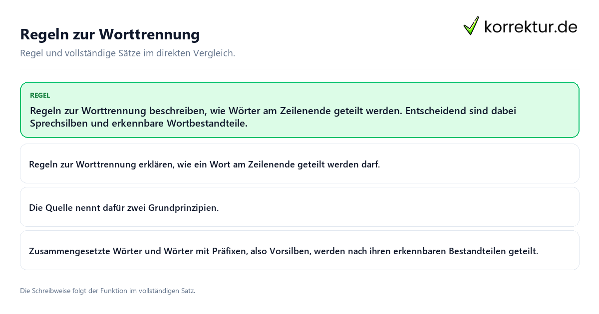 Konkrete Regel und vollständige Beispielsätze zu Regeln zur Worttrennung