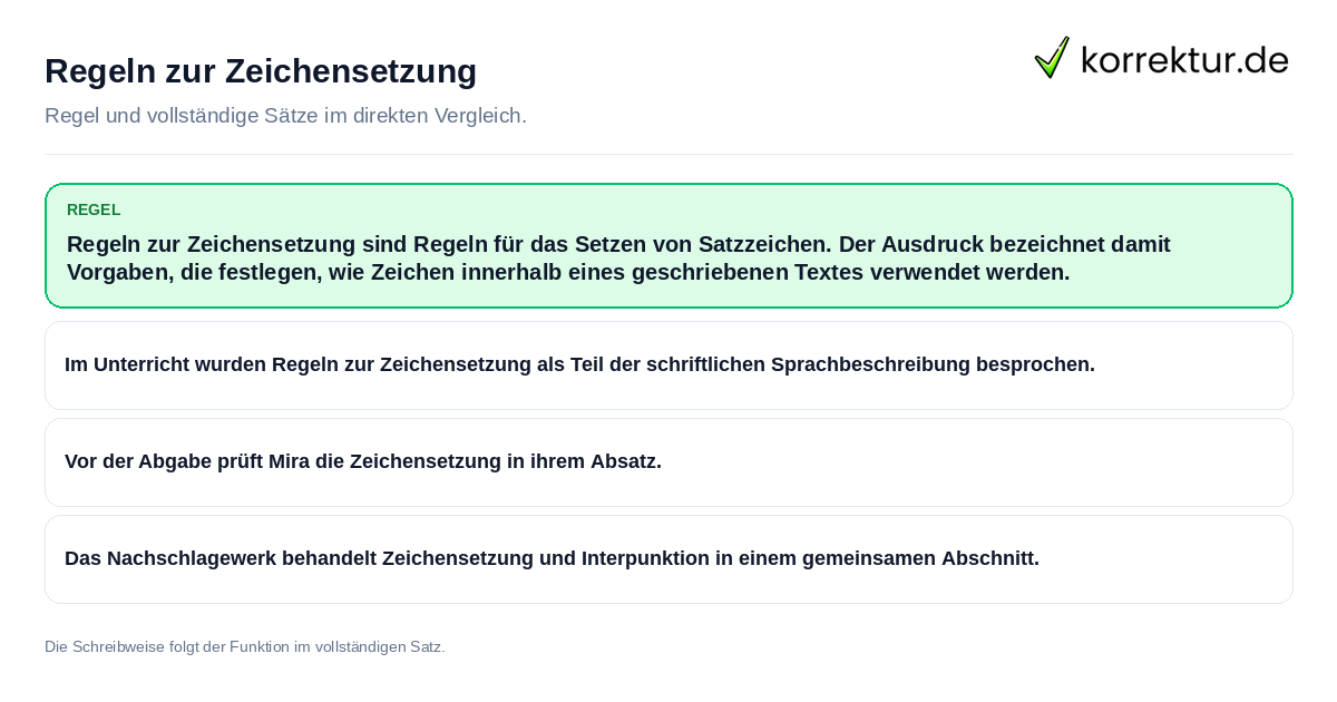 Konkrete Regel und vollständige Beispielsätze zu Regeln zur Zeichensetzung