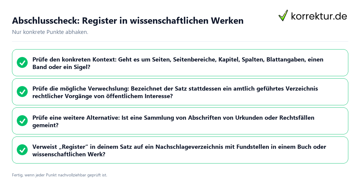 Konkreter Abschlusscheck zu Register in wissenschaftlichen Werken