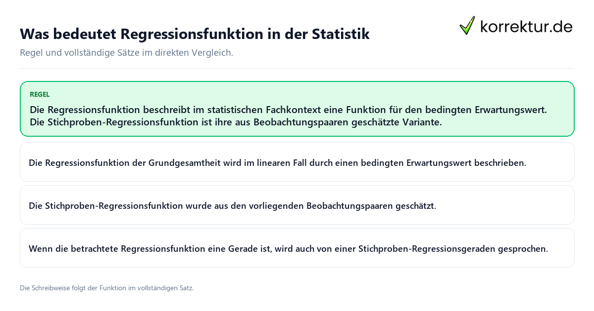 Konkrete Regel und vollständige Beispielsätze zu Was bedeutet Regressionsfunktion in der Statistik