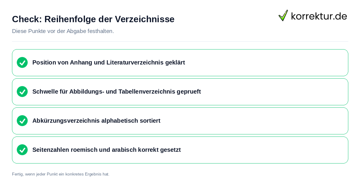 Check: Reihenfolge der Verzeichnisse Reihenfolge der Verzeichnisse: Prüfliste mit vier Punkten
