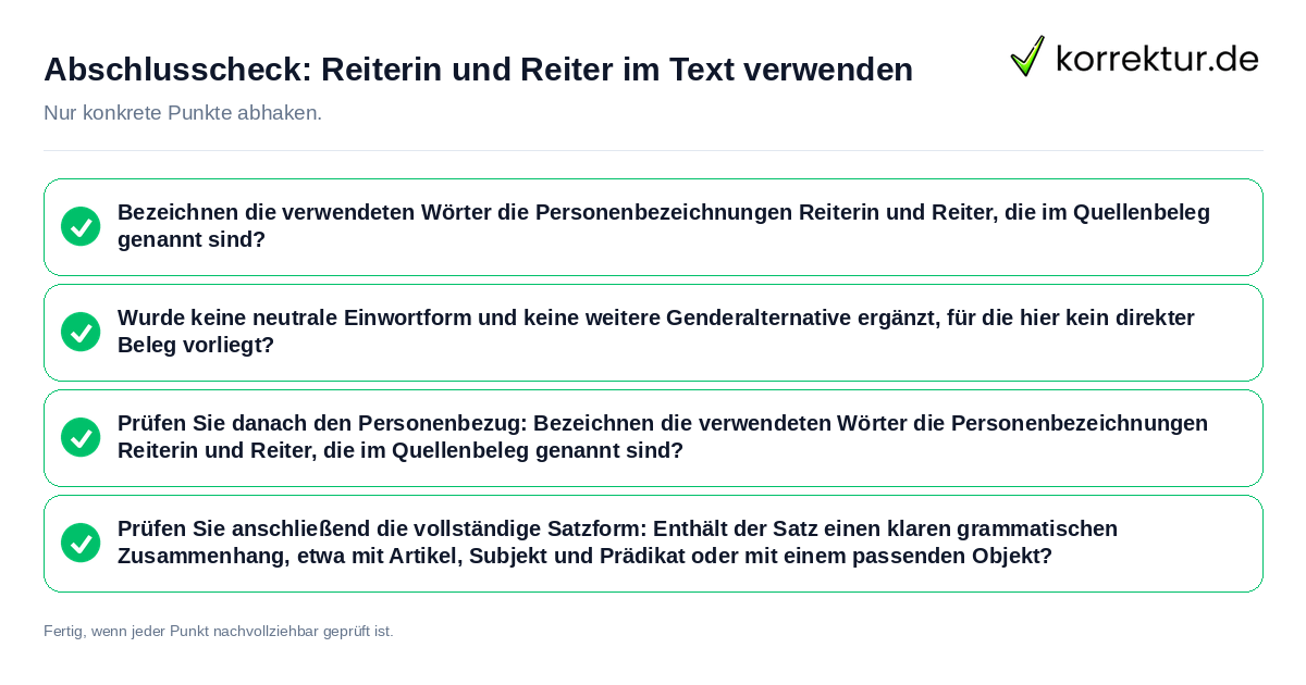 Konkreter Abschlusscheck zu Reiterin und Reiter im Text verwenden