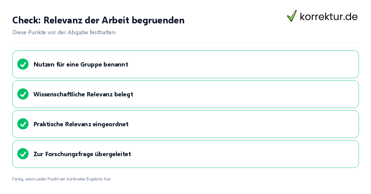 Check: Relevanz der Arbeit begründen Relevanz der Arbeit begründen: Prüfliste mit vier Punkten