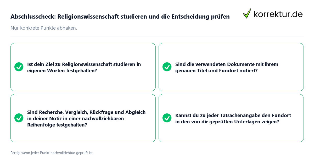 Konkreter Abschlusscheck zu Religionswissenschaft studieren und die Entscheidung prüfen