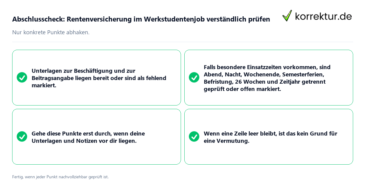 Konkreter Abschlusscheck zu Rentenversicherung im Werkstudentenjob verständlich prüfen