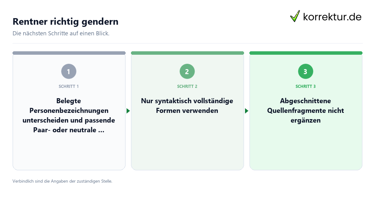 Rentner richtig gendern mit einem Ablauf aus Prüfung, Kontakt und Dokumentation