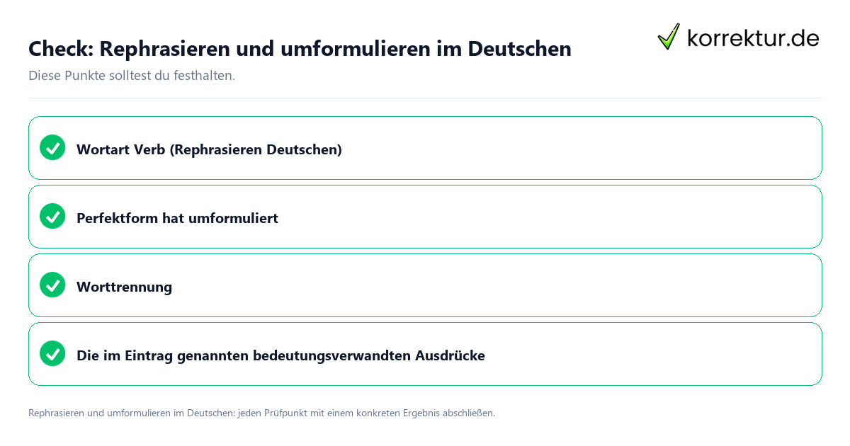 Rephrasieren und umformulieren im Deutschen mit einer themenspezifischen Checkliste