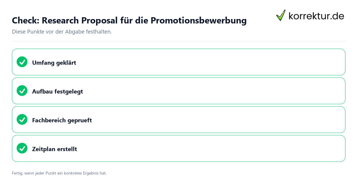 Research Proposal für die Promotionsbewerbung: Prüfliste mit vier Punkten