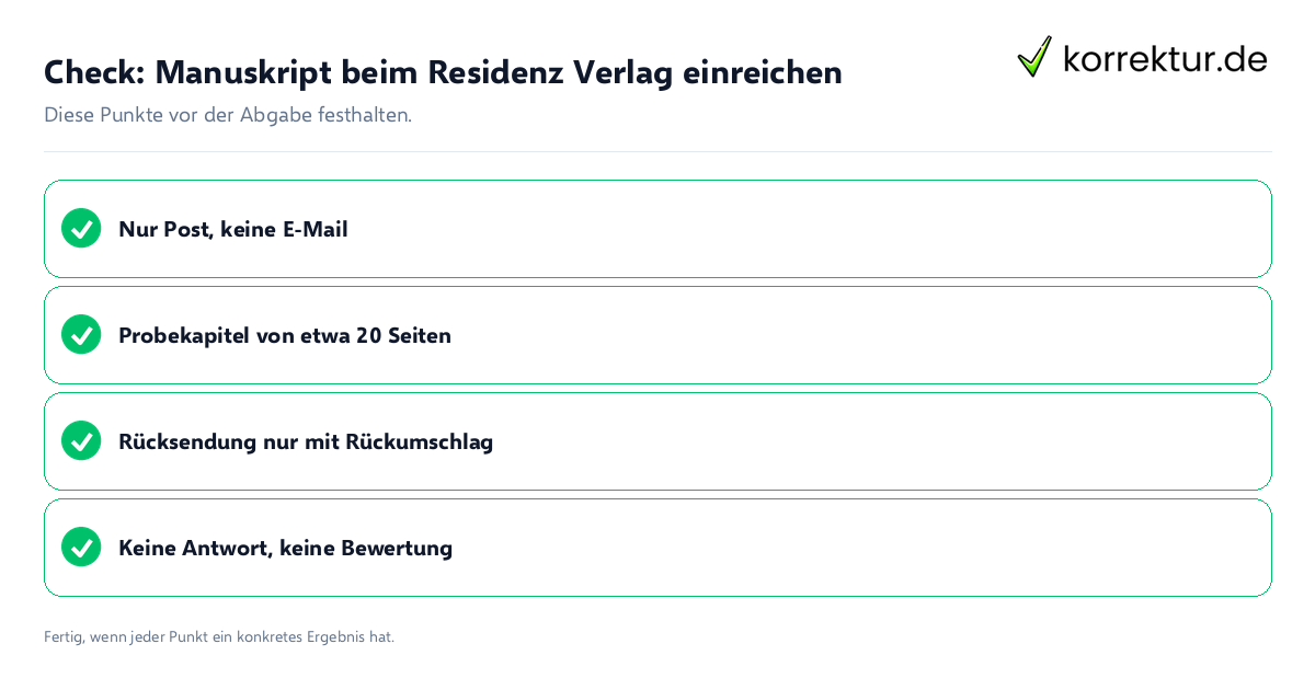 Check: Manuskript beim Residenz Verlag einreichen Manuskript beim Residenz Verlag einreichen: Prüfliste mit vier Punkten