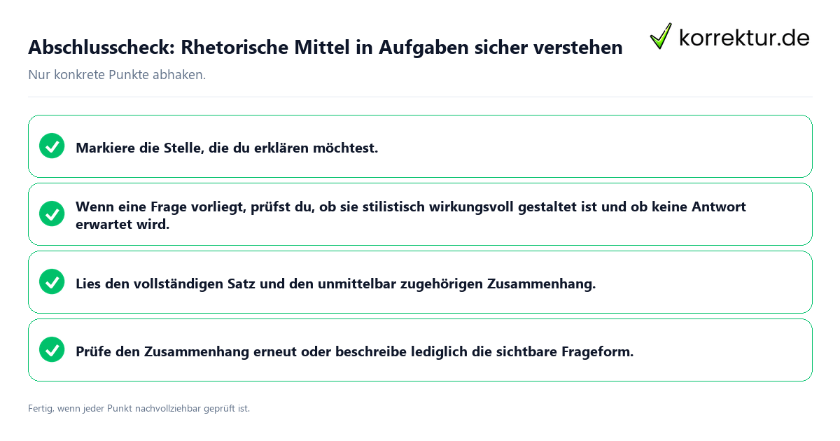 Konkreter Abschlusscheck zu Rhetorische Mittel in Aufgaben sicher verstehen