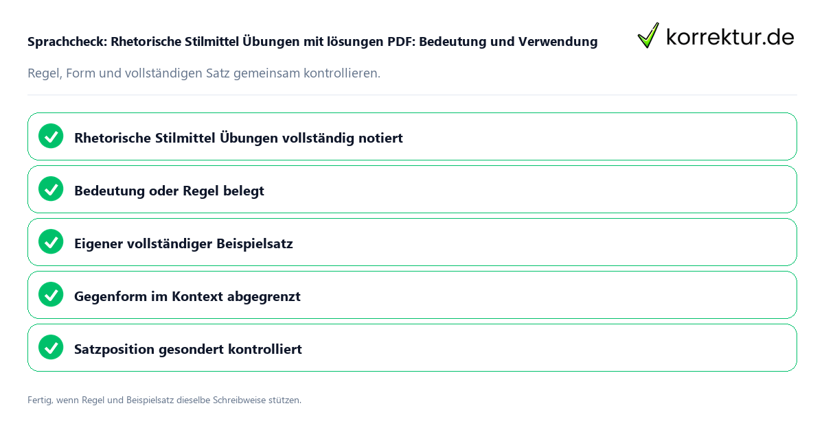 Konkreter Sprachcheck zu Rhetorische Stilmittel Übungen mit lösungen PDF: Bedeutung und Verwendung mit Regel und vollständigem Beispielsatz