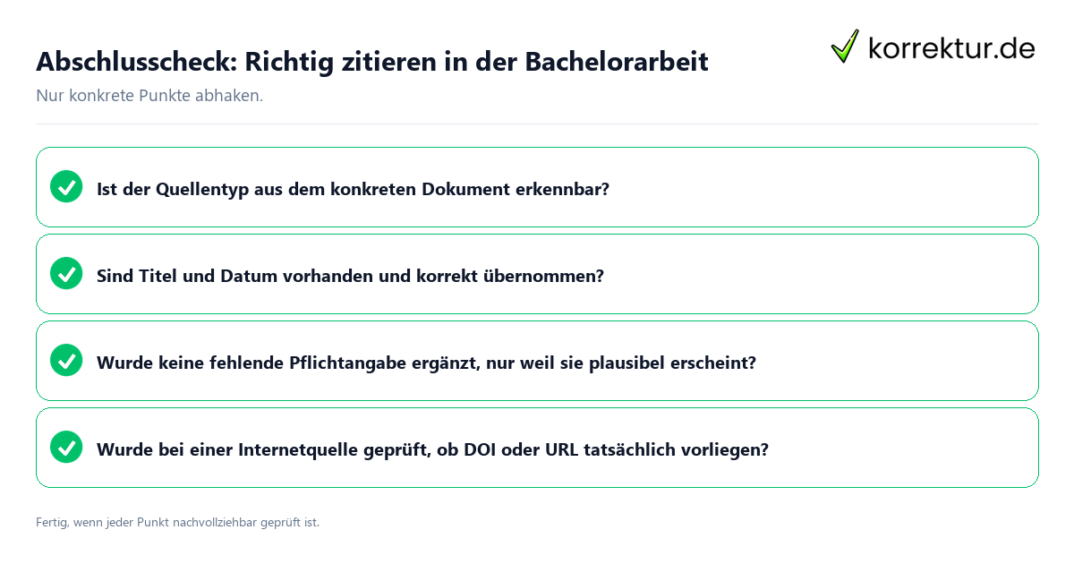 Konkreter Abschlusscheck zu Richtig zitieren in der Bachelorarbeit