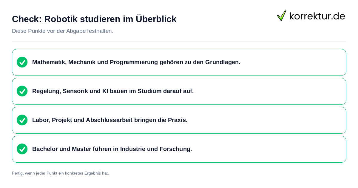 Check: Robotik studieren im Überblick Robotik studieren im Überblick: Prüfliste mit vier Punkten