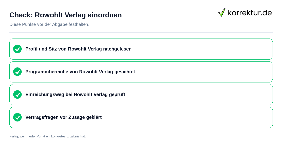 Check: Rowohlt Verlag einordnen Rowohlt Verlag einordnen: Prüfliste mit vier Punkten