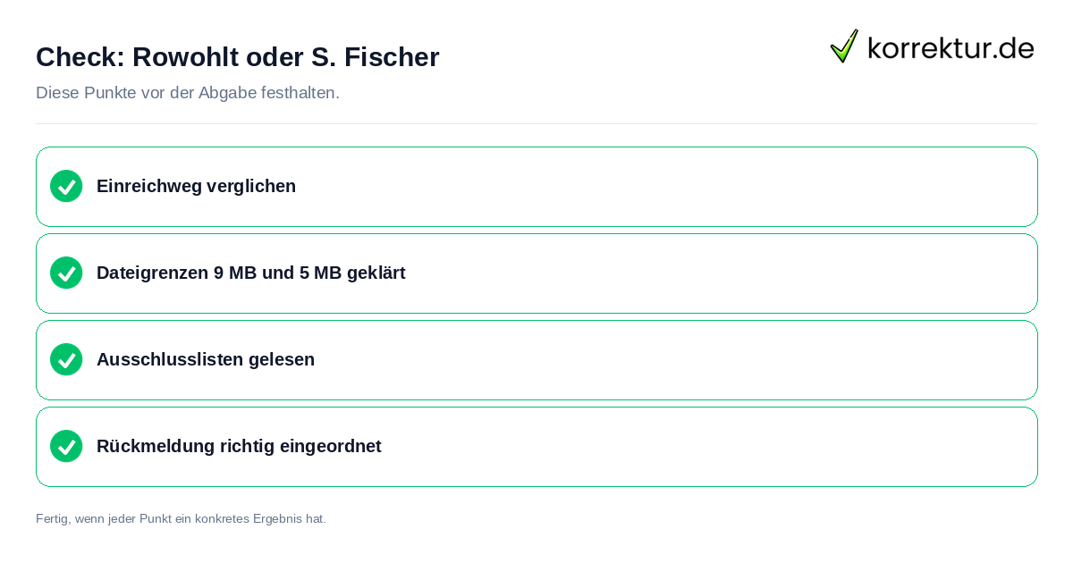 Check: Rowohlt oder S. Fischer Rowohlt oder S. Fischer: Prüfliste mit vier Punkten