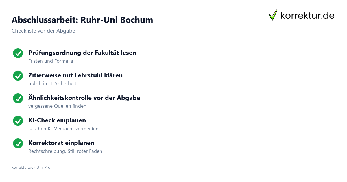 Abschlussarbeit an der Ruhr-Uni Bochum, Checkliste zur Abgabe Abschlussarbeit Ruhr-Uni Bochum: Formalia, Fristen und Ähnlichkeitskontrolle als Checkliste