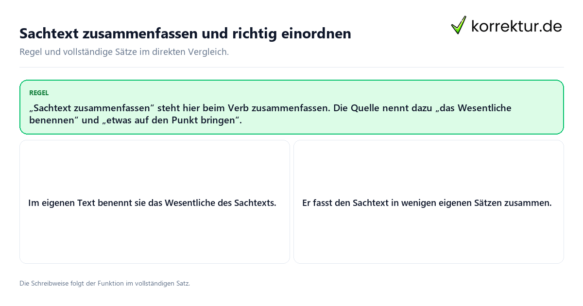 Konkrete Regel und vollständige Beispielsätze zu Sachtext zusammenfassen und richtig einordnen