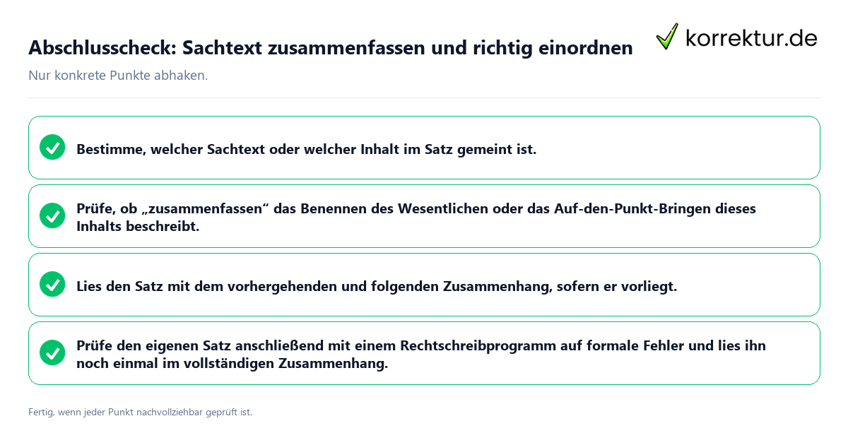 Konkreter Abschlusscheck zu Sachtext zusammenfassen und richtig einordnen