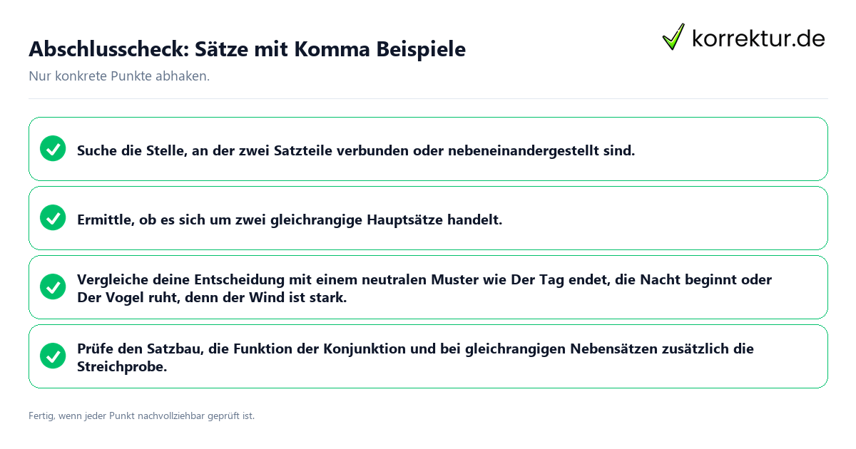 Konkreter Abschlusscheck zu Sätze mit Komma Beispiele