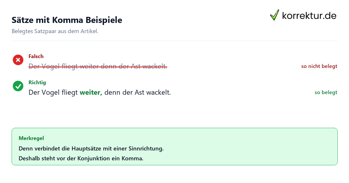 Falsches und richtiges Satzbeispiel zu Sätze mit Komma Beispiele
