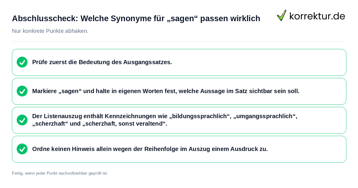 Konkreter Abschlusscheck zu Welche Synonyme für „sagen“ passen wirklich