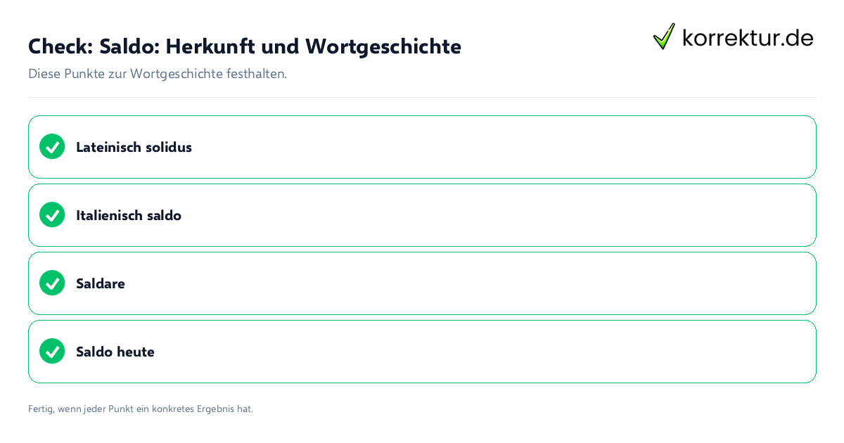 Saldo: Herkunft und Wortgeschichte: Prüfliste mit vier Punkten