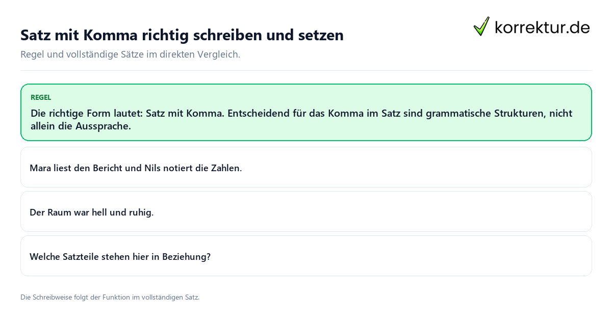 Konkrete Regel und vollständige Beispielsätze zu Satz mit Komma richtig schreiben und setzen