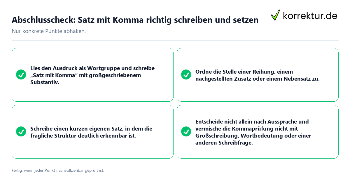 Konkreter Abschlusscheck zu Satz mit Komma richtig schreiben und setzen